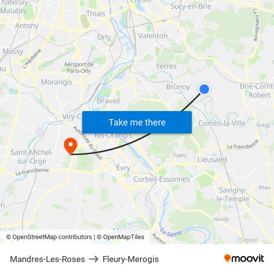 Mandres-Les-Roses to Fleury-Merogis map