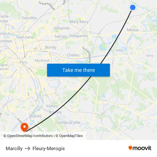 Marcilly to Fleury-Merogis map