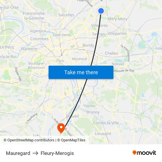 Mauregard to Fleury-Merogis map