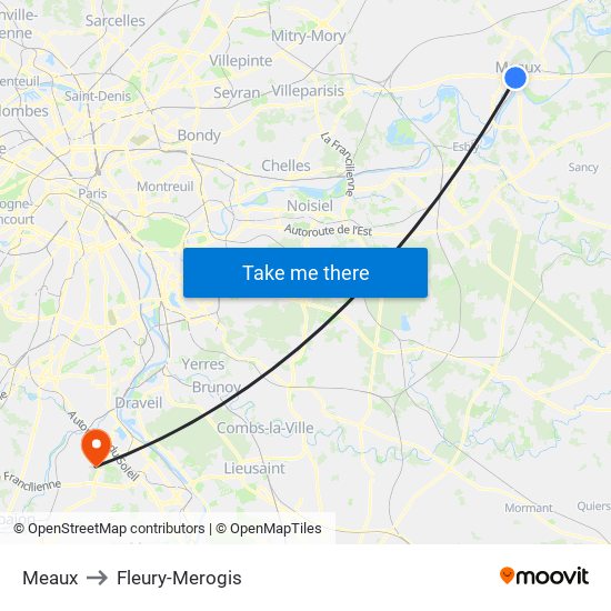 Meaux to Fleury-Merogis map
