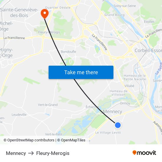 Mennecy to Fleury-Merogis map