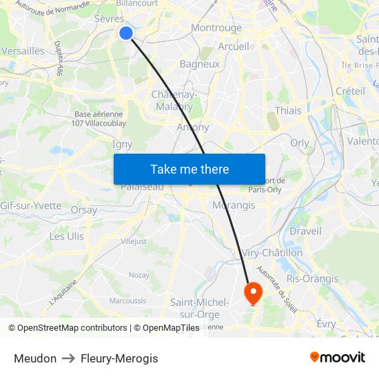Meudon to Fleury-Merogis map