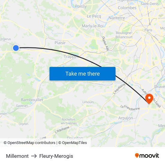Millemont to Fleury-Merogis map