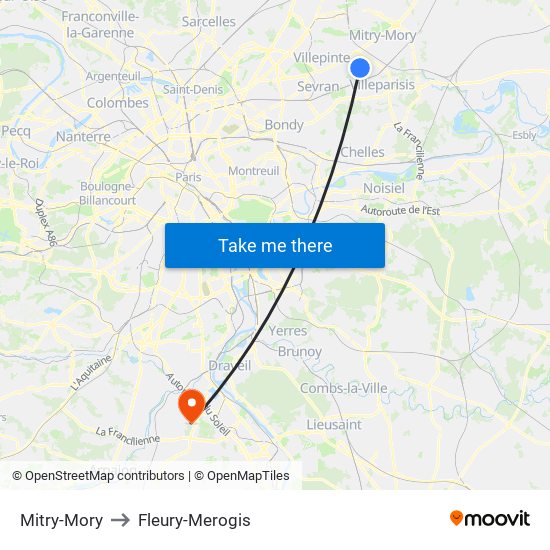 Mitry-Mory to Fleury-Merogis map