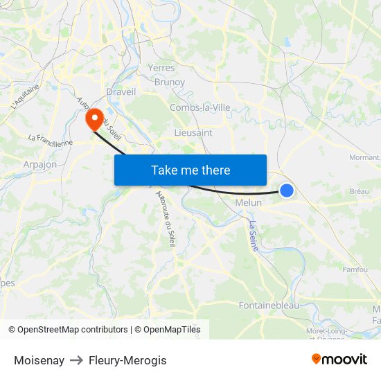 Moisenay to Fleury-Merogis map