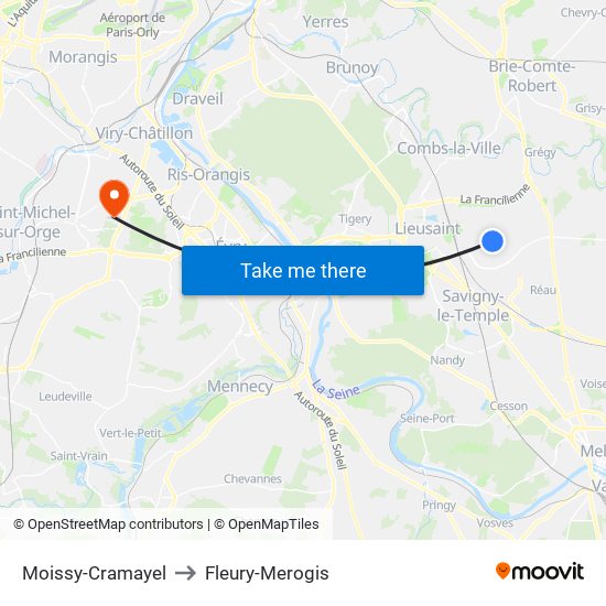 Moissy-Cramayel to Fleury-Merogis map