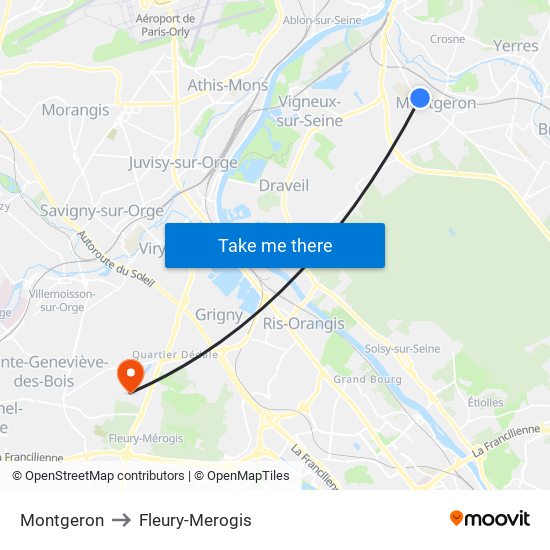 Montgeron to Fleury-Merogis map