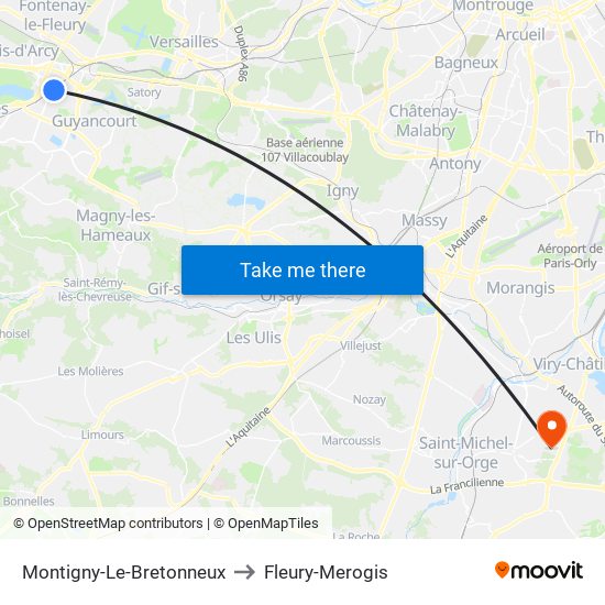Montigny-Le-Bretonneux to Fleury-Merogis map