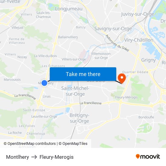 Montlhery to Fleury-Merogis map