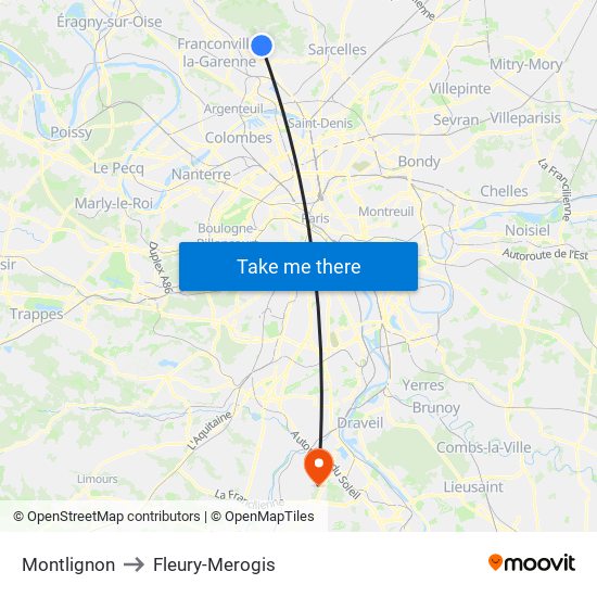 Montlignon to Fleury-Merogis map