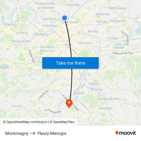 Montmagny to Fleury-Merogis map