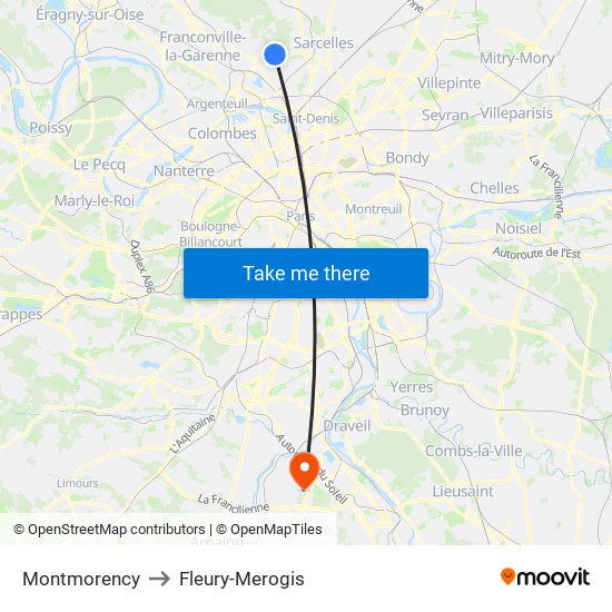 Montmorency to Fleury-Merogis map