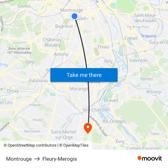 Montrouge to Fleury-Merogis map