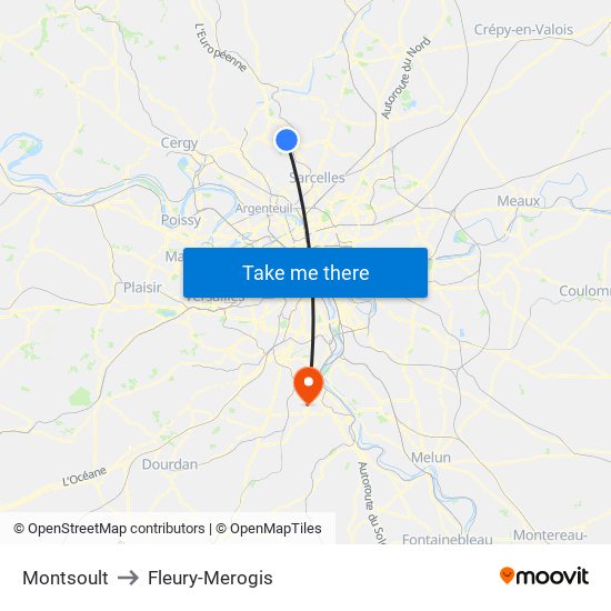 Montsoult to Fleury-Merogis map
