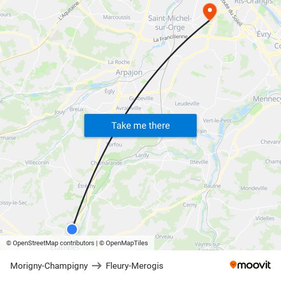Morigny-Champigny to Fleury-Merogis map