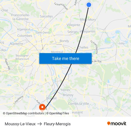 Moussy-Le-Vieux to Fleury-Merogis map