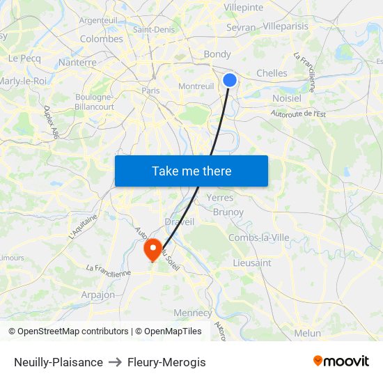 Neuilly-Plaisance to Fleury-Merogis map