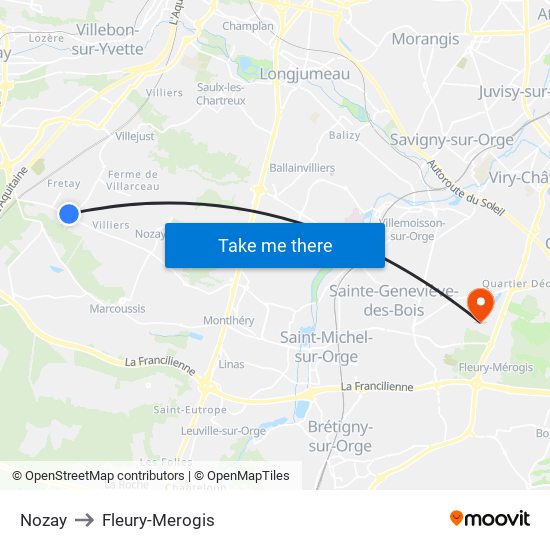 Nozay to Fleury-Merogis map
