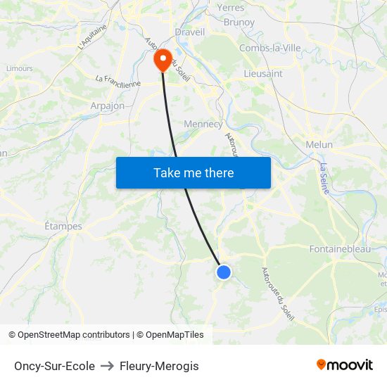 Oncy-Sur-Ecole to Fleury-Merogis map