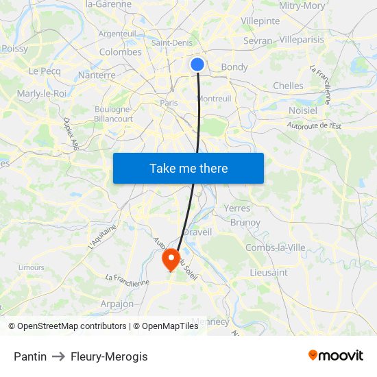 Pantin to Fleury-Merogis map