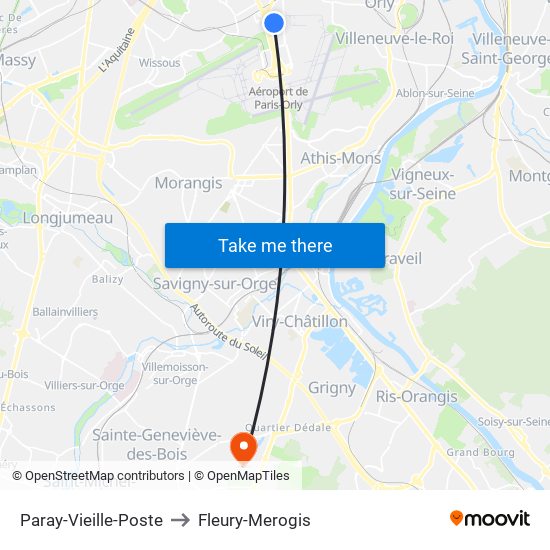 Paray-Vieille-Poste to Fleury-Merogis map