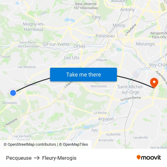 Pecqueuse to Fleury-Merogis map