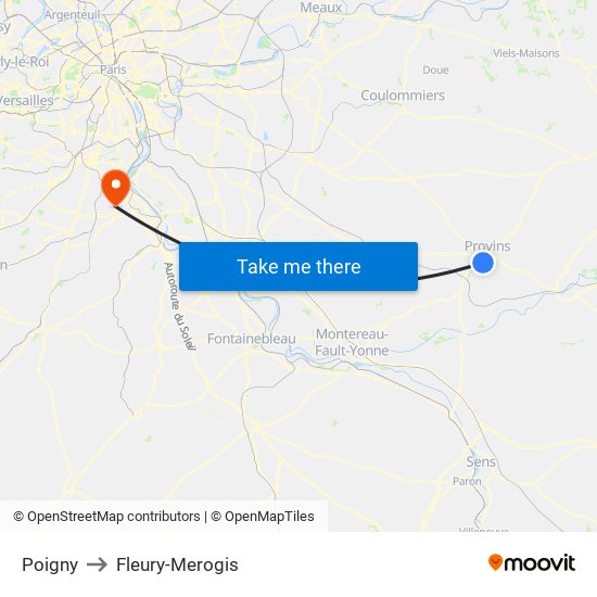 Poigny to Fleury-Merogis map