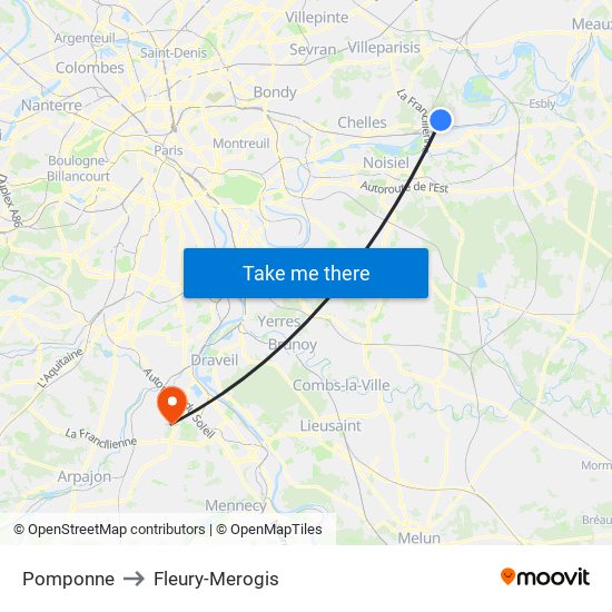 Pomponne to Fleury-Merogis map