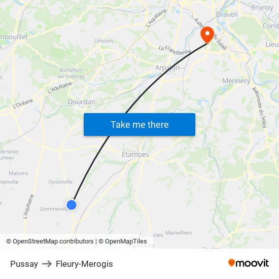 Pussay to Fleury-Merogis map