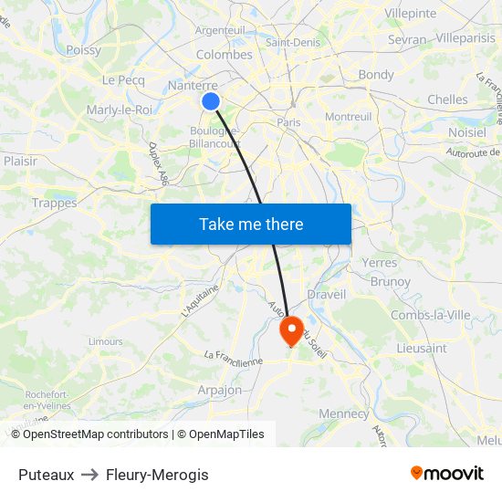 Puteaux to Fleury-Merogis map