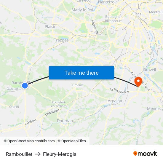 Rambouillet to Fleury-Merogis map