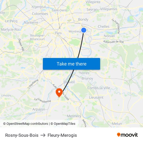 Rosny-Sous-Bois to Fleury-Merogis map