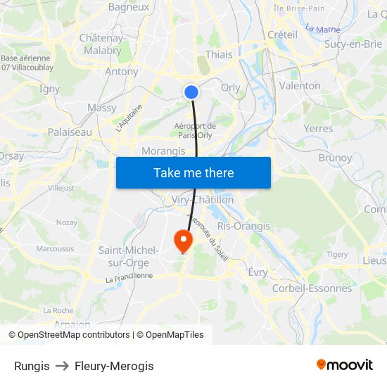 Rungis to Fleury-Merogis map