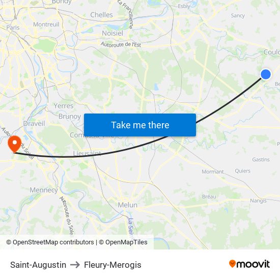 Saint-Augustin to Fleury-Merogis map