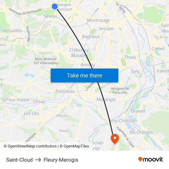 Saint-Cloud to Fleury-Merogis map