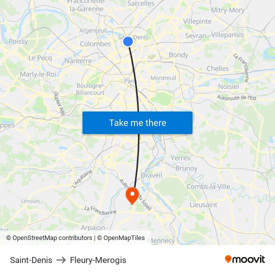 Saint-Denis to Fleury-Merogis map