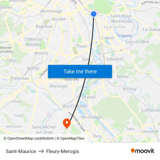 Saint-Maurice to Fleury-Merogis map