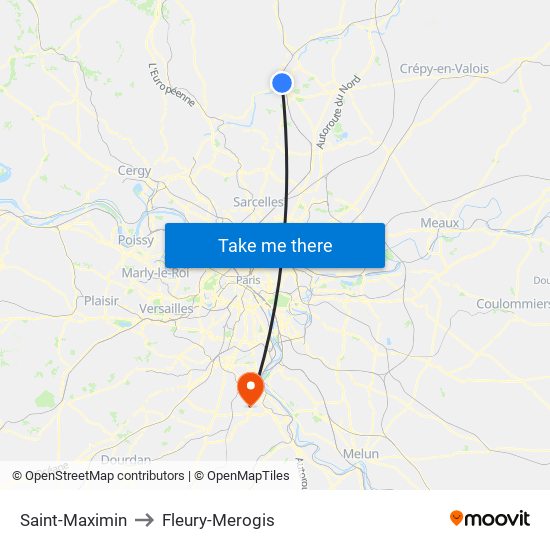 Saint-Maximin to Fleury-Merogis map