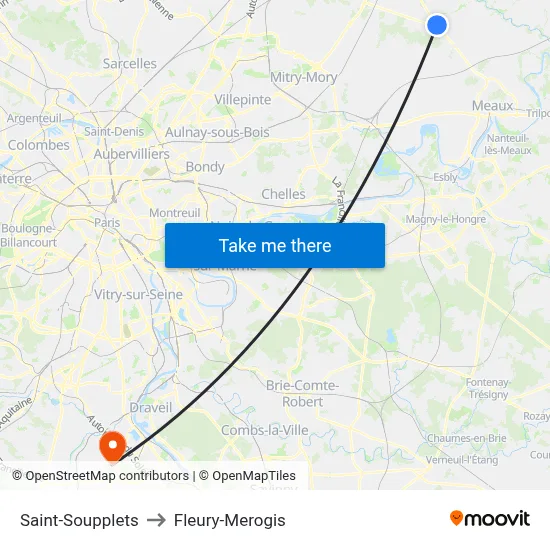 Saint-Soupplets to Fleury-Merogis map