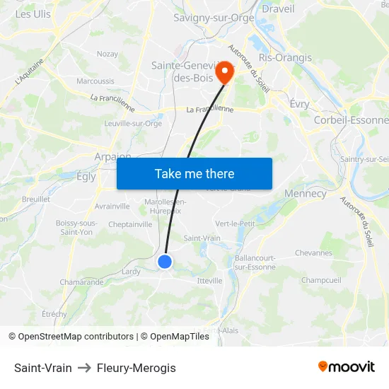 Saint-Vrain to Fleury-Merogis map
