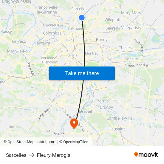 Sarcelles to Fleury-Merogis map