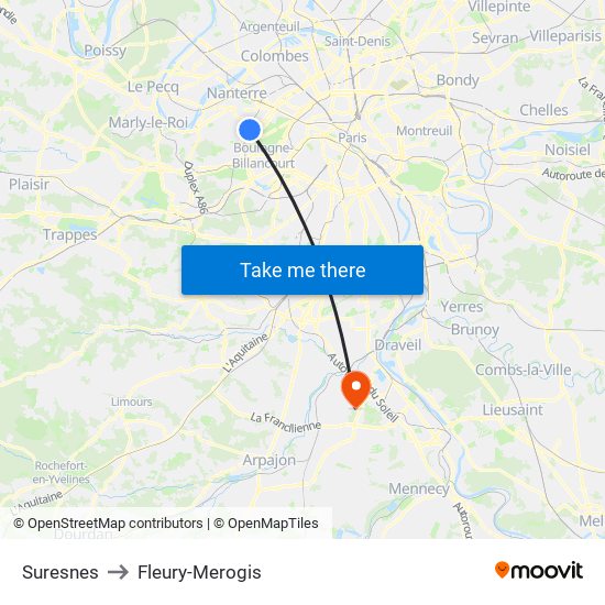 Suresnes to Fleury-Merogis map