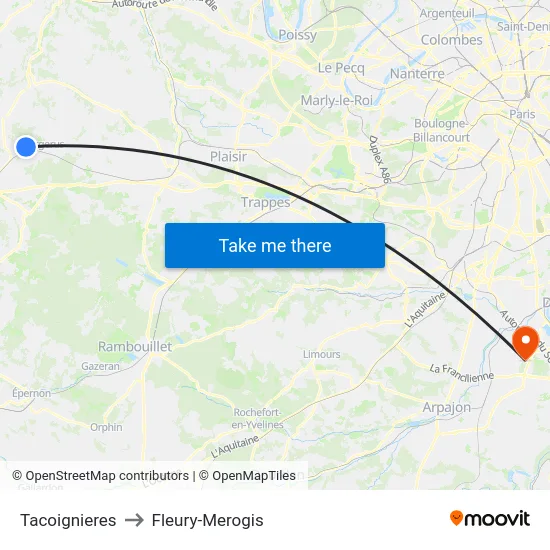 Tacoignieres to Fleury-Merogis map