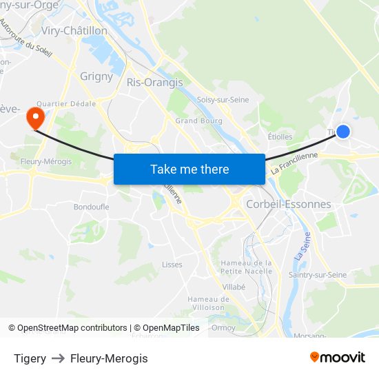 Tigery to Fleury-Merogis map