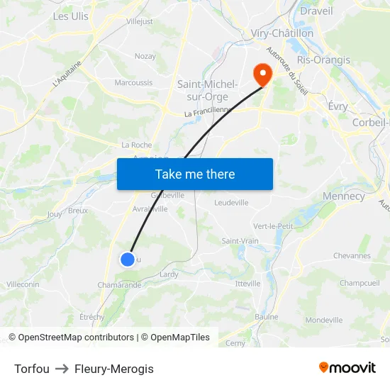 Torfou to Fleury-Merogis map