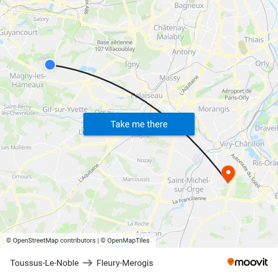 Toussus-Le-Noble to Fleury-Merogis map