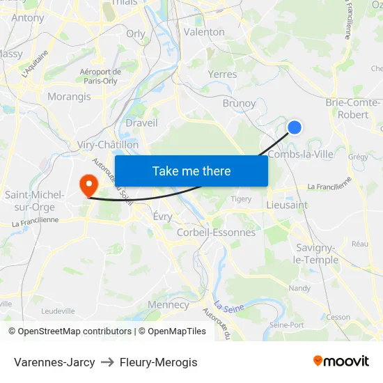 Varennes-Jarcy to Fleury-Merogis map