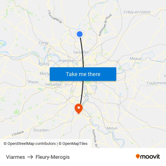 Viarmes to Fleury-Merogis map