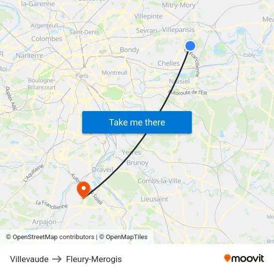 Villevaude to Fleury-Merogis map