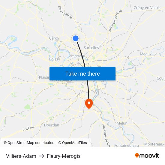 Villiers-Adam to Fleury-Merogis map